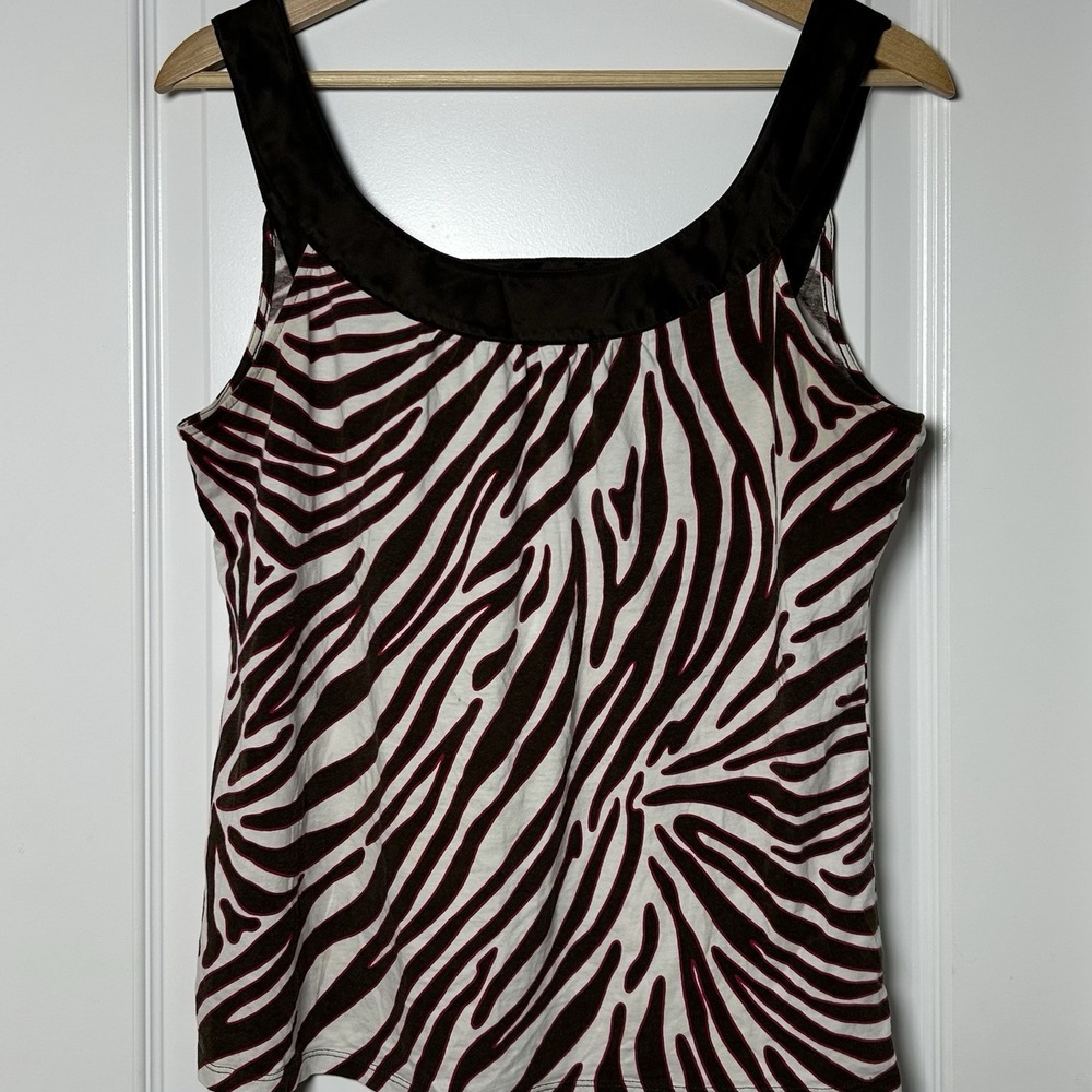 Ann Taylor Zebra Print Satin Trim‎ Cutout Back Tank Top Safari Rocker Chic Style
